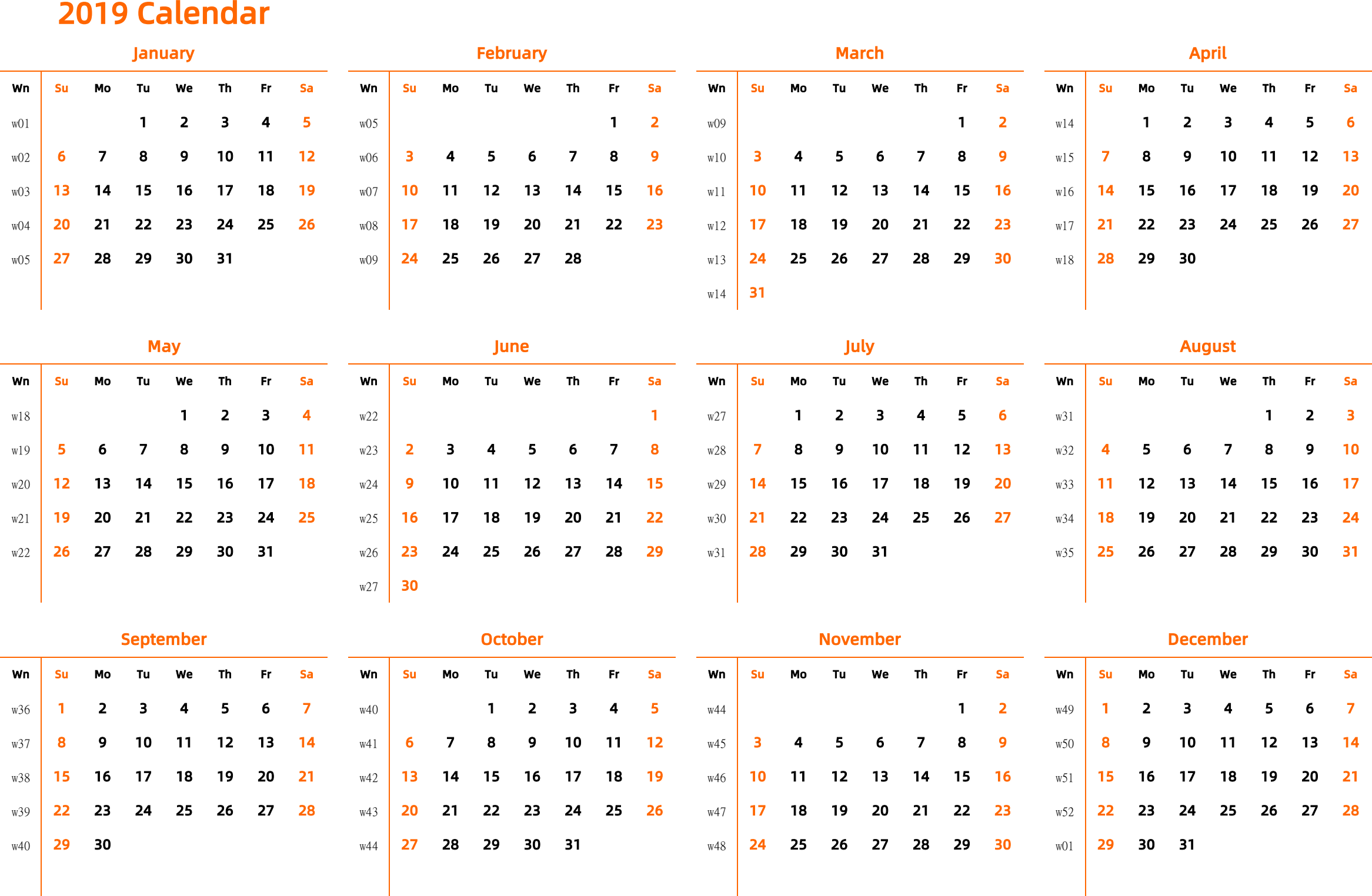 日历表2019年日历 英文版 横向排版 周日开始 带周数